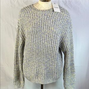 Stitches and Stripes Chunky Crewneck Sweater Size Medium blue yellow cream brown